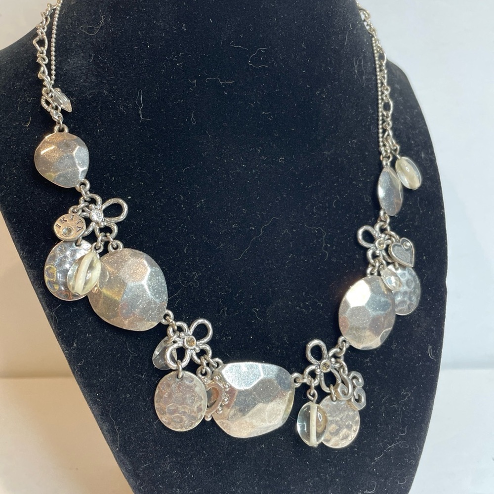 IKITA Paris Silver Tone Necklace With Hammered discs and clear beads, hearts